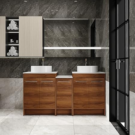 60 Inch Bathroom Vanity with Sink, Modern Brown Bathroom Vanity with Side Cabinet Set, White Flat Stone Countertop Ceramic Sink