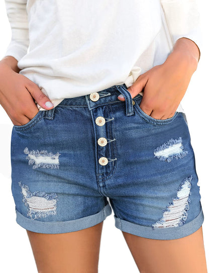 LookbookStore Women's High Waisted Jean Shorts Ripped Distressed Button Fly Cuffed Hem Short Denim Jeans Pants Lapis Air Size Medium Fits Size 8 to Size 10