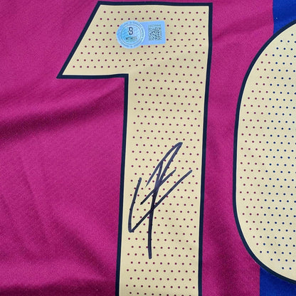 Framed Autographed/Signed Lamine Yamal 35x39 FC Barcelona Blue Soccer Jersey Beckett BAS COA