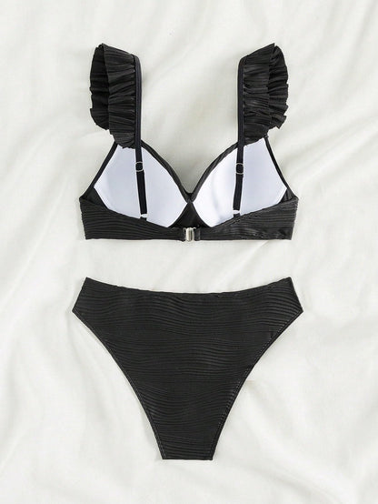 MakeMeChic Women's 2 Piece Bikini Set Ruffle Trim Push Up High Cut Bathing Suit Swimsuit Black S