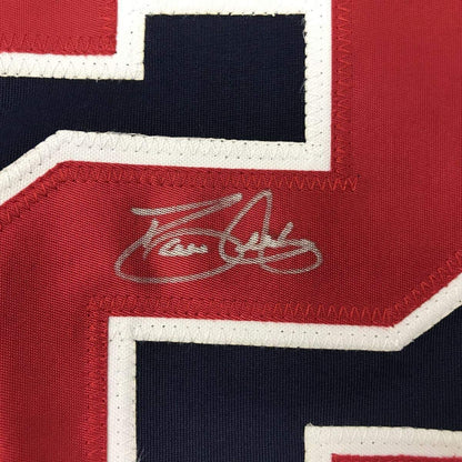 Framed Autographed/Signed David Justice 35x39 Atlanta Blue Baseball Jersey JSA COA