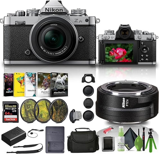 Nikon Zfc Mirrorless Camera with 16-50mm Z Lens Silver (1675) + FTZ II Adapter + 64GB Memory Card + Filter Kit + Bag + Card Reader + Photo Software + Flex Tripod + Memory Wallet + Cleaning Kit + More