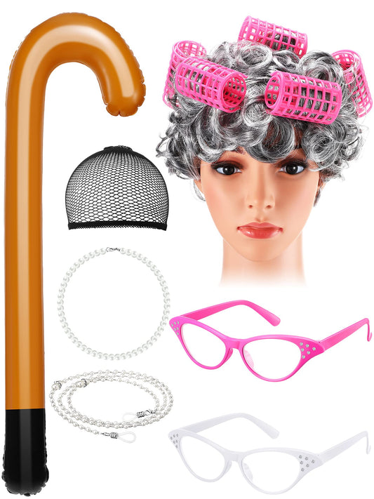 7 Pieces Old Lady Costume Set, Grandmother Wig with Hair Rollers, Halloween KIDS