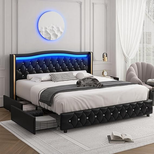 HIFIT Queen Smart LED Platform Bed Frame with 4 Storage Drawers and Crystal Button-Tufted Wingback Headboard, Soft Modern PU Upholstered Bed Frame Queen Size, No Box Spring Needed/Easy Assembly, Black
