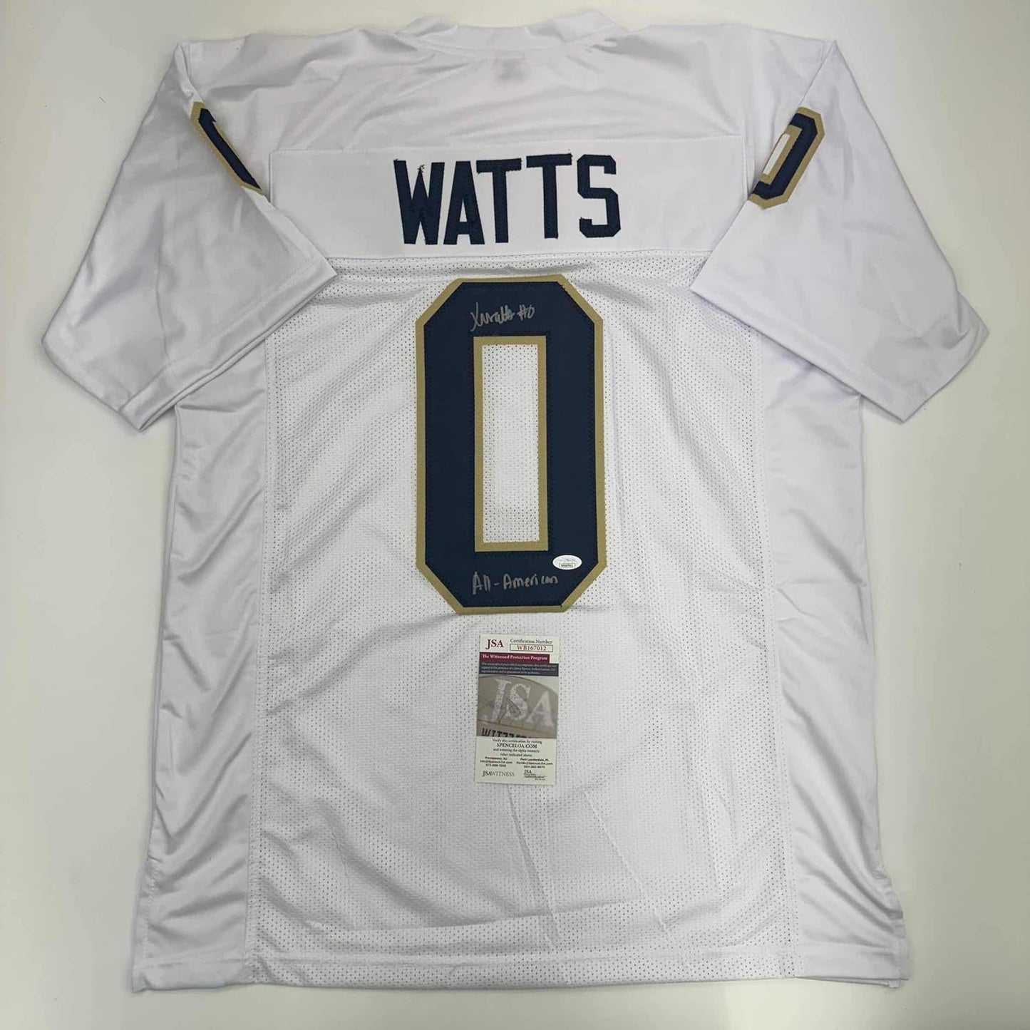 Autographed/Signed Xavier Watts All-American Notre Dame White College Football Jersey JSA COA