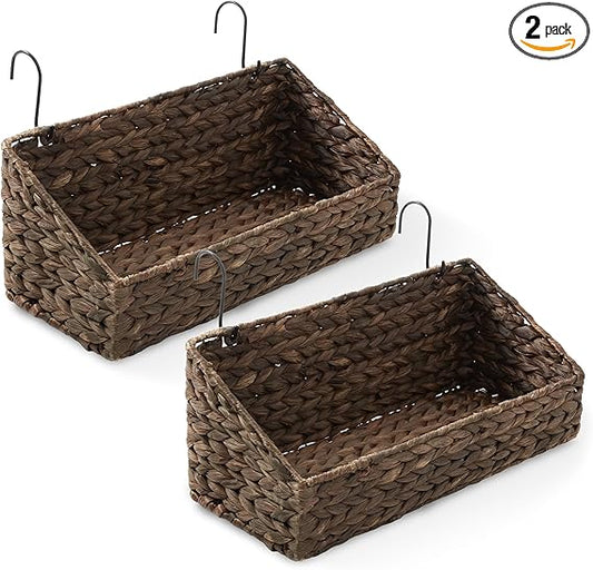 Casafield Set of 2 Hanging Baskets with Hooks - Espresso, Hyacinth Woven Wall Mounted Storage Bins for Kitchen, Bathroom, Laundry Room, Home Office