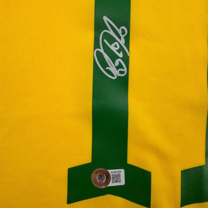 Framed Autographed/Signed Raphinha Raphael Belloli 35x39 Brazil Yellow Soccer Jersey Beckett BAS COA