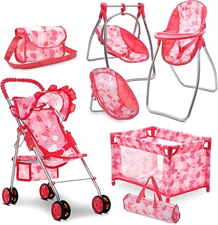 Baby Doll Stroller Bed and Swing Nursery Playset, Baby Doll Accessories Furniture Set Convertible High Chair Diaper Bag Role Play Deluxe Baby Doll Set