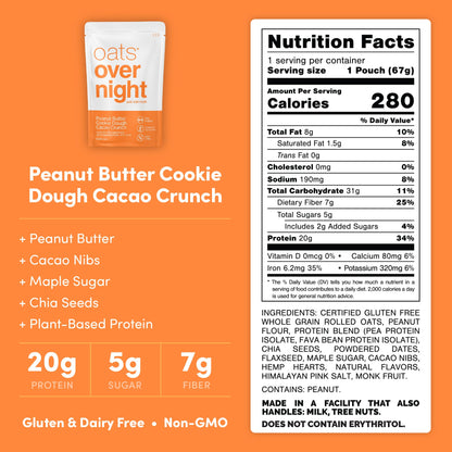 EXP 3/2025 Oats Overnight Peanut Butter Cookie Dough Cacao Crunch Vegan 20g Protein, 8-Pack