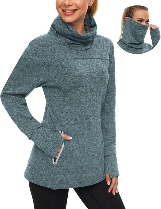 Soneven Women's Running Fleece Sweatshirts Cowl Neck Pullover Long sleeve Shirt with Thumb Holes and Neck Gaiter Face Mask