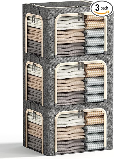 3 Openings Clothes Storage Bins with Metal Frame, Foldable Storage Bin for Clothes, Clothing Storage Bins with Lid, Linen Storage Box With Clear Window«_¾ Zippers«_¾ Durable Handles.(3 Pcs, Dark Grey, 40L)