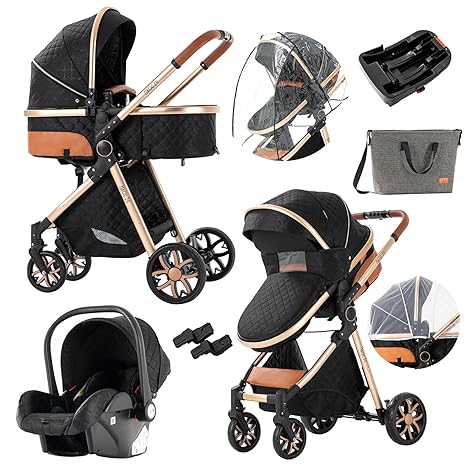 3 in 1 Baby Travel System Convertible Reversible Baby Stroller Portable Pushchair Infant Standard Pram Foldable Baby Carriage Luxury High Landscape Buggy for Newborn (UDV9-BLACKGOLD with Base)