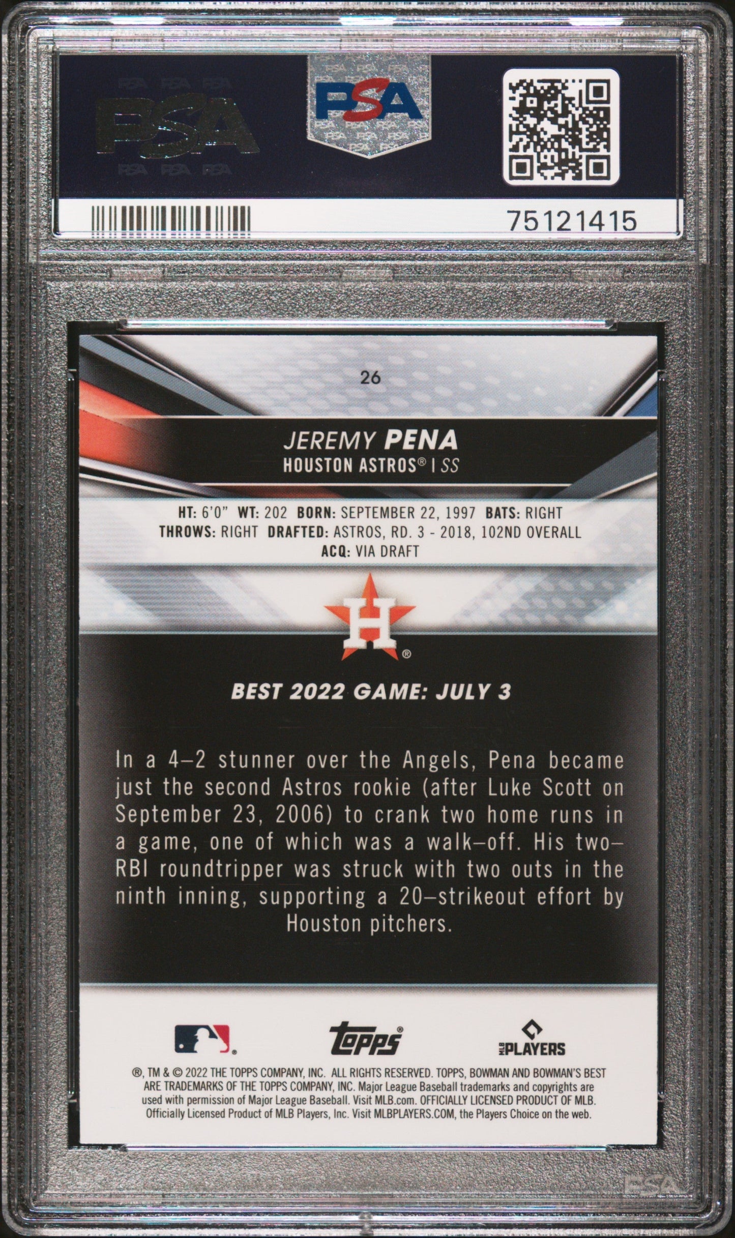 Graded 2022 Topps Bowmans Best Jeremy Pena #26 Rookie RC Baseball Card PSA 10 Gem Mint