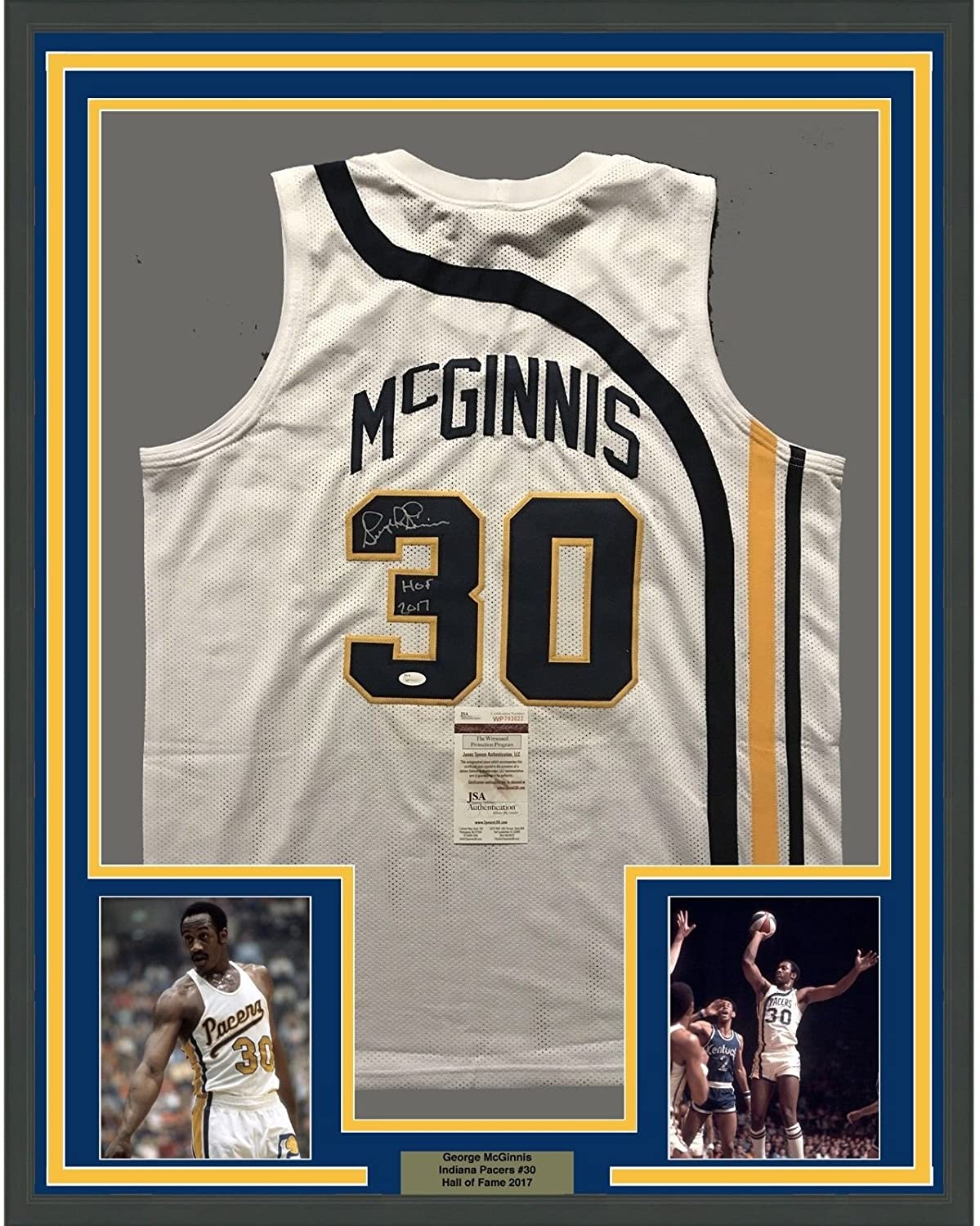 Framed Autographed/Signed George McGinnis HOF 17  35x39 Indiana White Basketball Jersey JSA COA