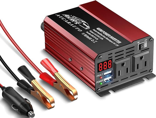 400W Power Inverter DC 12V to 110V AC Car Inverter Converter with 4.8A Dual USB Charging Ports and Dual AC Outlets Car Adapter LCD Display for Laptop Computer - Red