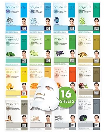 DERMAL Korean Collagen Face Mask ‰ÛÒ Hydrating & Soothing Sheet Mask with Panthenol ‰ÛÒ Hypoallergenic Calming Moisture Care for All Skin Types ‰ÛÒ 16 Combo Pack A