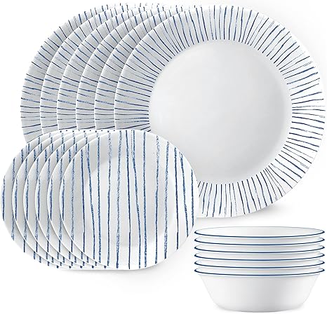 Corelle 18-Piece Dinnerware Set, Service for 6, Lightweight Round Plates and Bowls Set, Vitrelle Triple Layer Glass, Chip Resistant, Microwave and Dishwasher Safe, Nautical Stripes