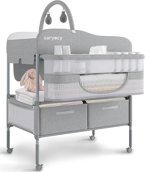Baby Changing Table, Versatile Folding Changing Table, Waterproof Diaper Changing Station, Adjustable Height with 2 Drawers, Baby Changing Station, Mobile Nursery for Infant and Newborn
