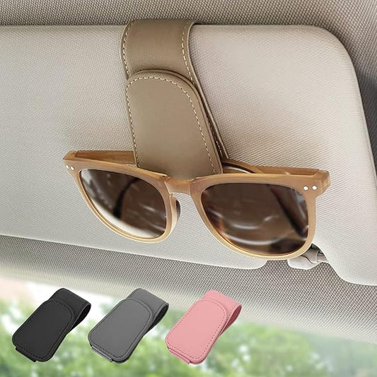 Magnetic Leather Sunglass Holder, Eyeglass Hanger Clip for Car Sun Visor, Suitable for Different Size Eyeglasses (Beige)