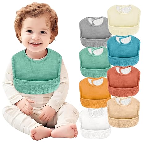 Baby Bibs for Drooling and Teething - 8 Pack Soft Cotton Muslin Bibs for Baby Boys & Girls, Superior Absorbency, with Hidden Pocket, Easy to Clean & Put On for Toddler, Newborn, Infant