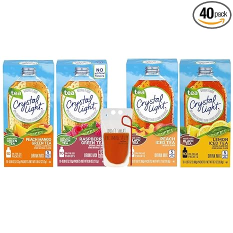 Crystal Light Tea Variety Pack Peach Iced Tea, Lemon Iced Tea, Raspberry Green Tea and Peach Mango Green Tea 1 Box Each (4 Pack) Powdered Drink Mix 40 Total Packets Bundle with Drink Pouch and Straw