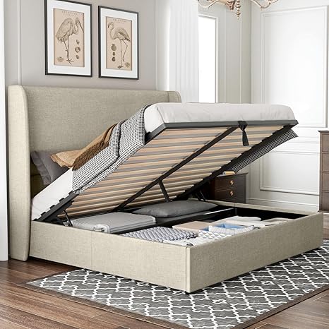 Jocisland Queen Size Bed Frame Lift Up Storage Bed Linen Upholstered Bed Frame with Hydraulic Storage/Wingback Headboard/No Box Spring Needed/Khaki