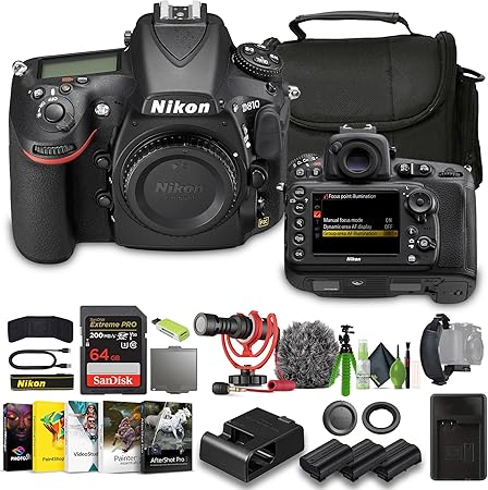 Nikon D850 FX-Format Digital SLR Camera + 2X EN-EL15C Battery + External Charger + Memory Card Wallet + Extreme PRO 64GB Card + 12 Inch Flex Tripod + Photo Editing Software + Mic + More