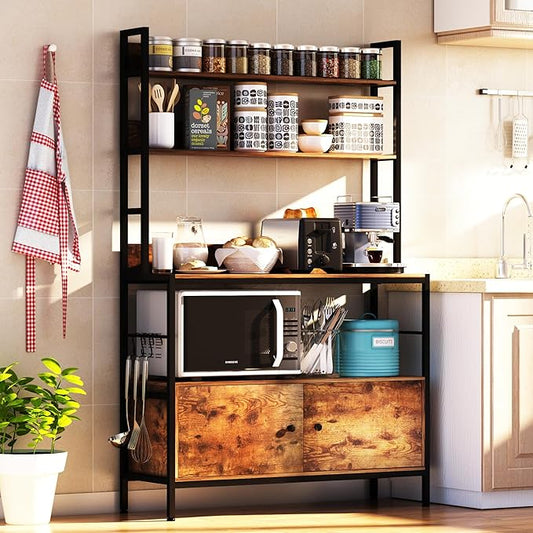5-Tier Kitchen Bakers Rack with Storage, Industrial Microwave Oven Stand, Kitchen Utility Storage Shelf, Free Standing Kitchen Utility Cart Storage Shelf Organizer with Hooks