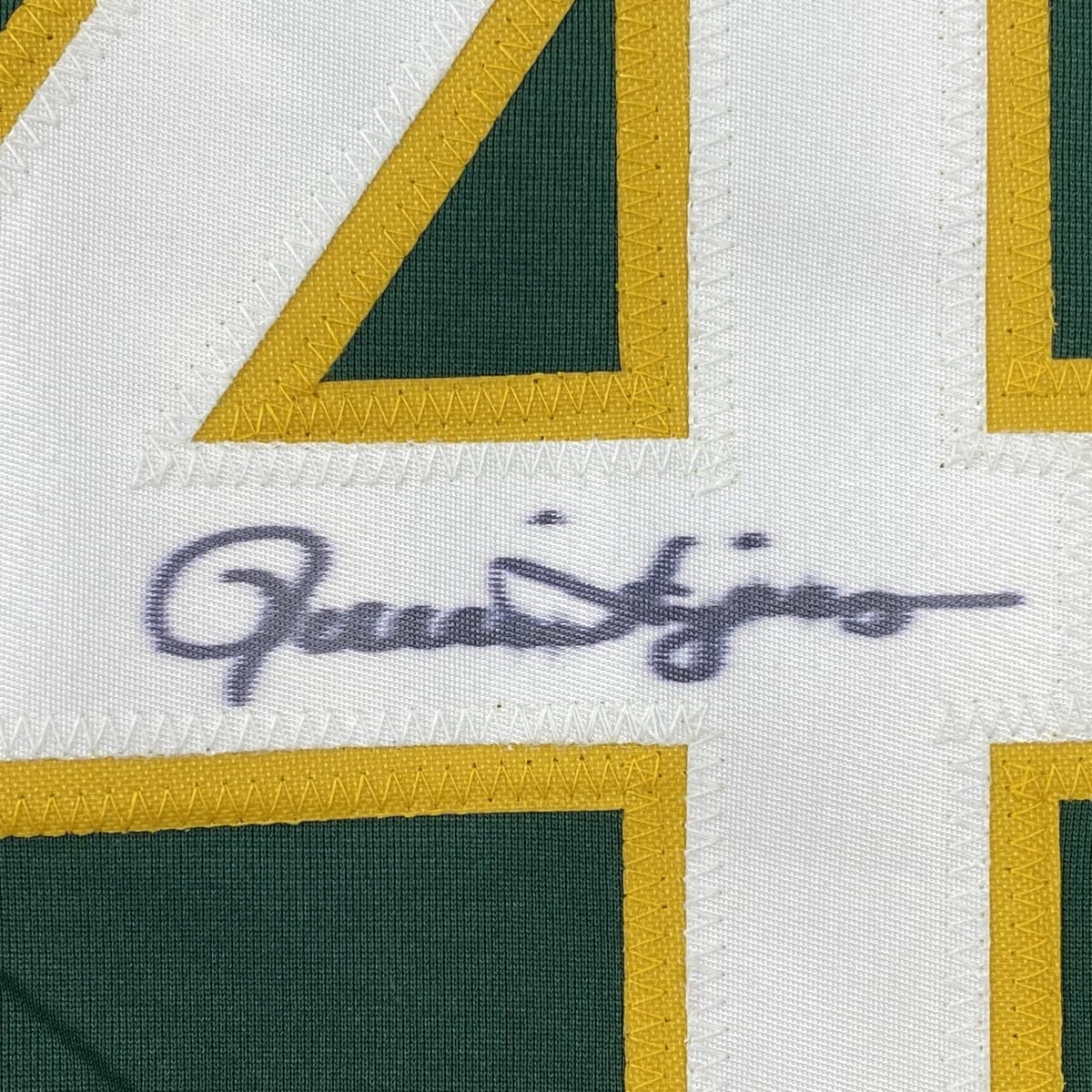 Framed Autographed/Signed Rollie Fingers 35x39 Oakland Green Baseball Jersey JSA COA