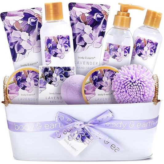 BODY & EARTH Gift Baskets For Women 11 Pcs Lavender Spa Gifts For Women with Bubble Bath Body Lotion Sets, Bath and Body Gifts Set For Women Valentines Day Gifts for Her Spa Gift Sets