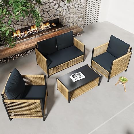 4-Piece Patio Furniture Set Outdoor Furniture with Thick, Removable & Washable Cushion, Patio Conversation Sets for Backyard Porch Balcony (2 Armchair+Loveseat+Table)