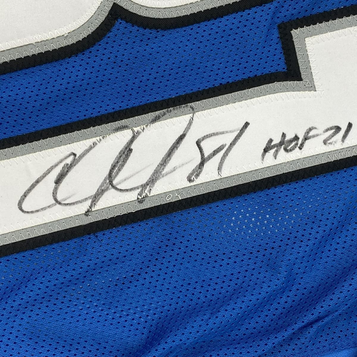 Autographed/Signed Calvin Johnson HOF 21 Detroit Blue Football Jersey JSA COA