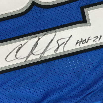 Autographed/Signed Calvin Johnson HOF 21 Detroit Blue Football Jersey JSA COA