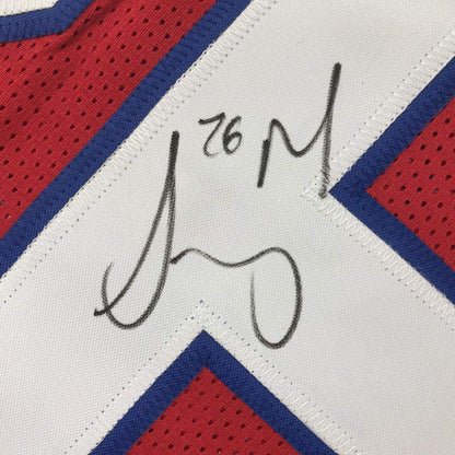 Framed Autographed/Signed Sony Michel 35x39 New England Red Football Jersey JSA COA
