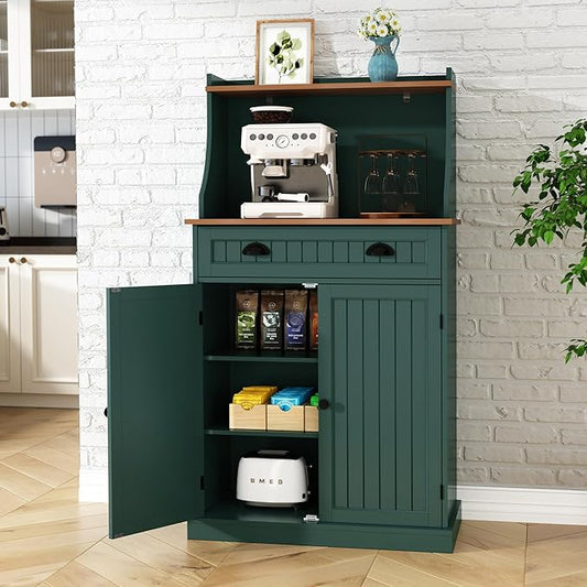 54" Kitchen Pantry Storage Cabinet with Doors and Adjustable Shelves, Green Freestanding Microwave Cabinet with Drawer for Kitchen, Coffee Bar, Living Room