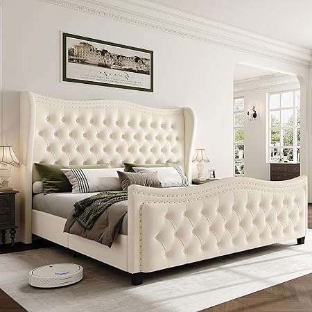 HOSTACK King Bed Frame, 55" Headboard Upholstered Bed with Tall Footbaord, Velvet Handmade Pleats Deep Button Tufted Wingback Platform Bed, No Box Spring Required/Wood Slat Support/Beige