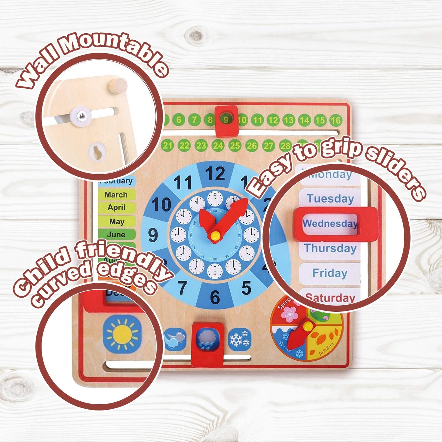 All About Today Board - Wooden Calendar and Learning Clock Montessori Toys  3+