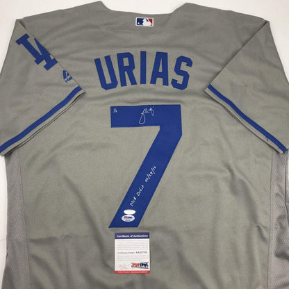 Autographed/Signed Julio Urias MLB Debut Los Angeles LA Grey Baseball Jersey PSA/DNA COA