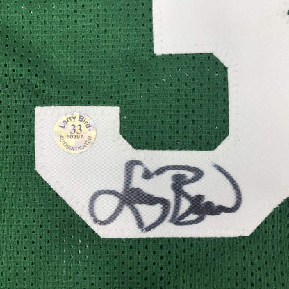 Framed Autographed/Signed Larry Bird 35x39 Boston Green Basketball Jersey Athlete Hologram COA