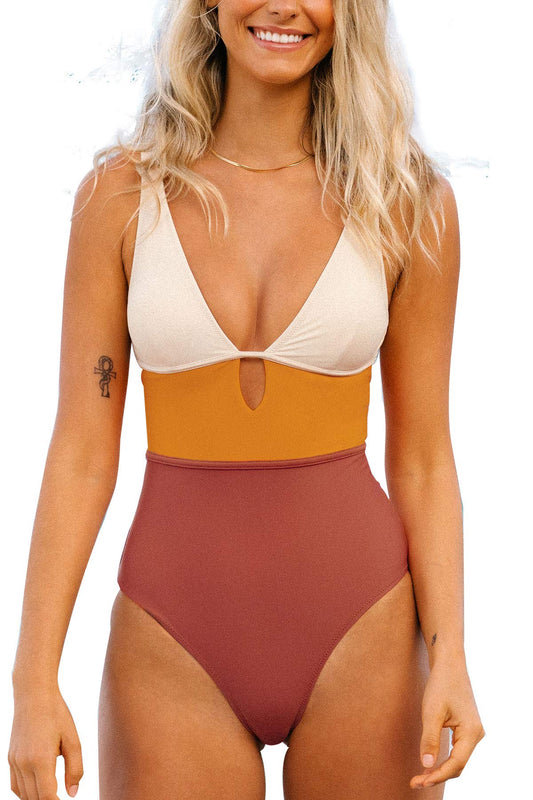 CUPSHE Women's One Piece Swimsuit Color Block Keyhole Cutout Bathing Suit, M