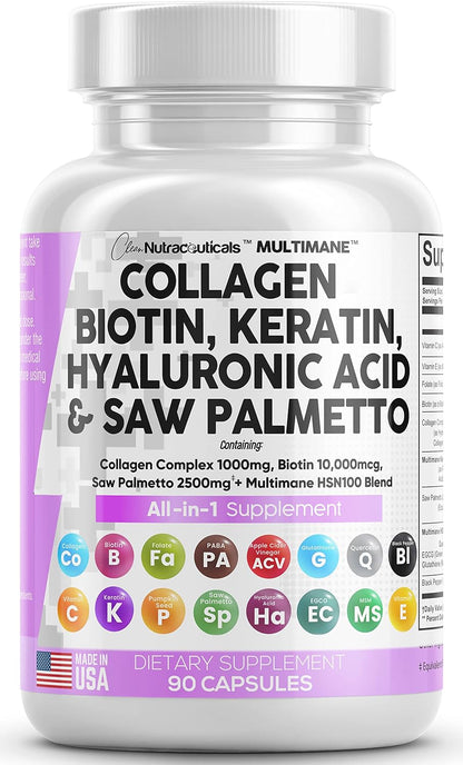 Collagen Pills 1000mg Biotin 10000mcg Keratin Saw Palmetto 2500mg Hyaluronic Acid - Hair Skin and Nails Vitamins and DHT Blocker with Vitamin E Folic Acid Pumpkin Seed MSM Made in USA - 90 Count