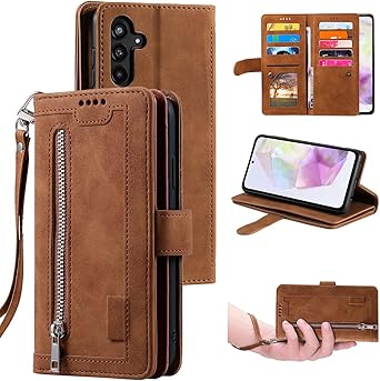 UEEBAI Wallet Case for Samsung Galaxy A35 5G, Retro 9 Card Holder Slots Zipper Pocket Handbag Case PU Leather Magnetic Closure Kickstand with Wrist Strap TPU Shockproof Flip Case - Brown