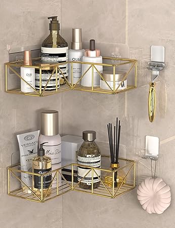 Corner Shower Caddy Gold, Adhesive Shower Shelf Corner Shower Organizer with Hooks, 2-Pack Wall Mounted Bathroom Shelf for Inside Shower (Only Fits 90«� Right Angle Corner)