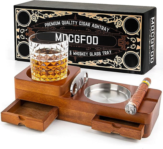 Cigar Ashtray Coaster Whiskey Glass Tray and Cigar Holder, Wooden Ash Tray, Slot to Hold Cigar, Cigar Cutter, Cigar Accessory Set Gift for Men Dad, Great Decor for Home (Double sided drawer)