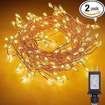 2Pcs Fairy Lights Plug in, 10Feet 200LED Copper Wire Firecracker Firefly Lights Waterproof Cluster Starry String Lights for Ceiling Bedroom Wreath Window Wedding Christmas Tree Decor, Warm White