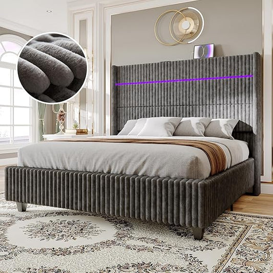 Jocisland Queen Bed Frame with LED Lights, Corduroy Upholstered Platform Bed Frame with 60" Tall Wingback Headboard and Charging Station/No Box Spring Needed/Grey