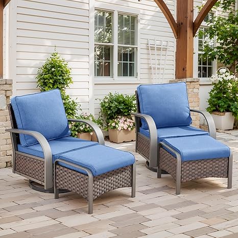 4 Pieces Patio Furniture Sets - Swivel Rocker Outdoor Chairs with Ottomans, All Weather Wicker Swivel Furniture Glider Seating Set for Porch Deck Backyard Sunroom Brown Wicker