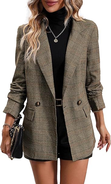 2025 Fall Women's Plaid Houndstooth Blazer Jacket Button Notch-Lapel Business Casual Elegant Work Suit with Pockets