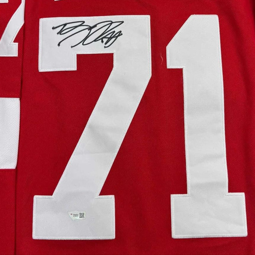 Framed Autographed/Signed Dylan Larkin 35x39 Detroit Red Wings Hockey Jersey Fanatics COA