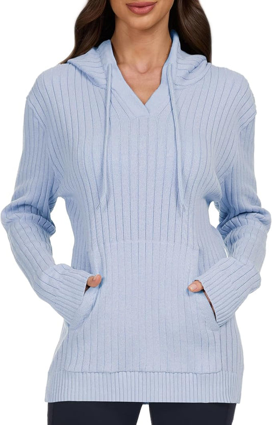 Womens Loose Fit Hoodies Ladies Tunics Knit V Neck Sweaters Cute Sweatshirts Pullover with Pockets